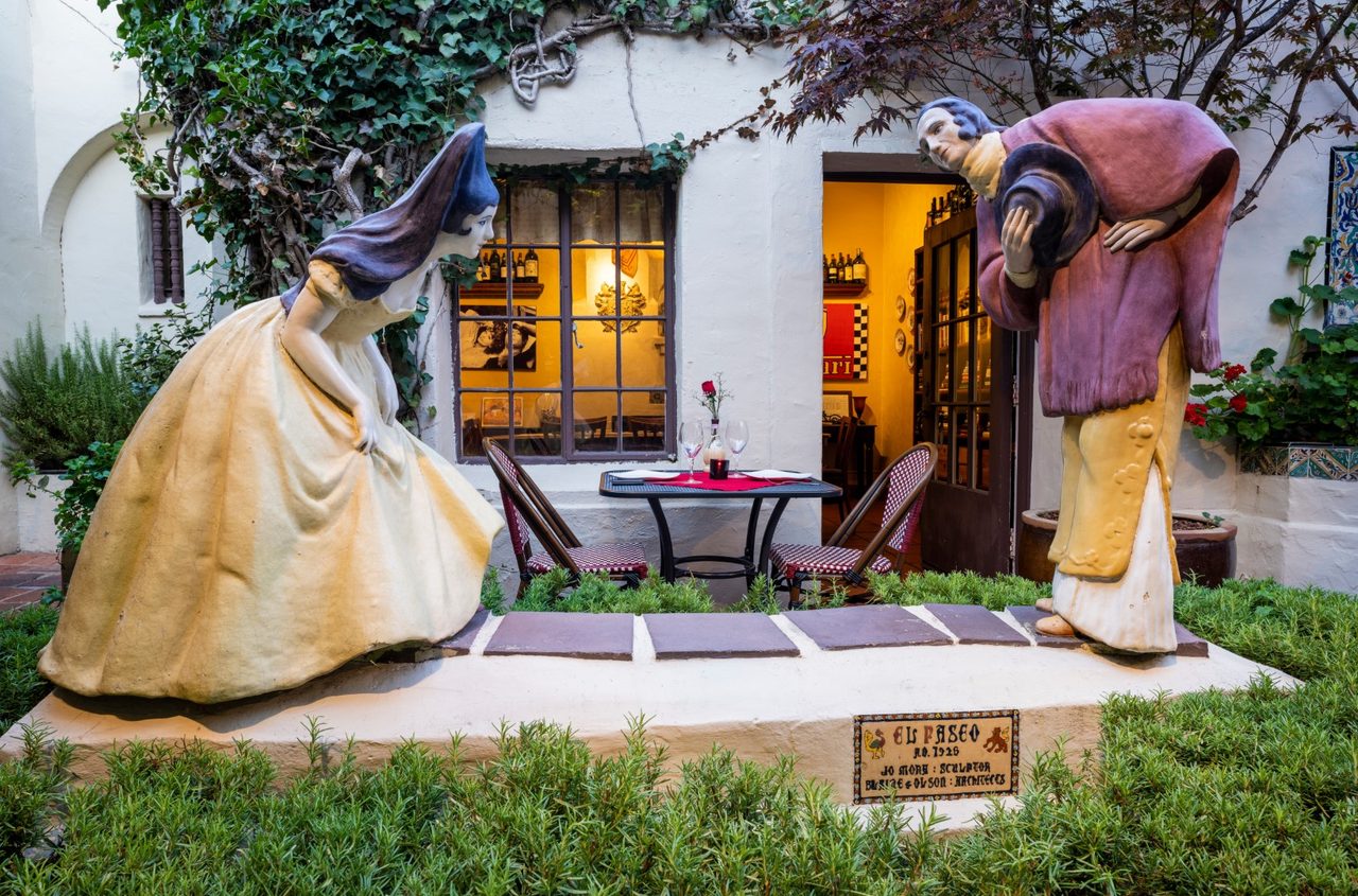 Jo Mora's 1928 sculpture The Greeting in the El Paseo courtyard at Little Napoli
