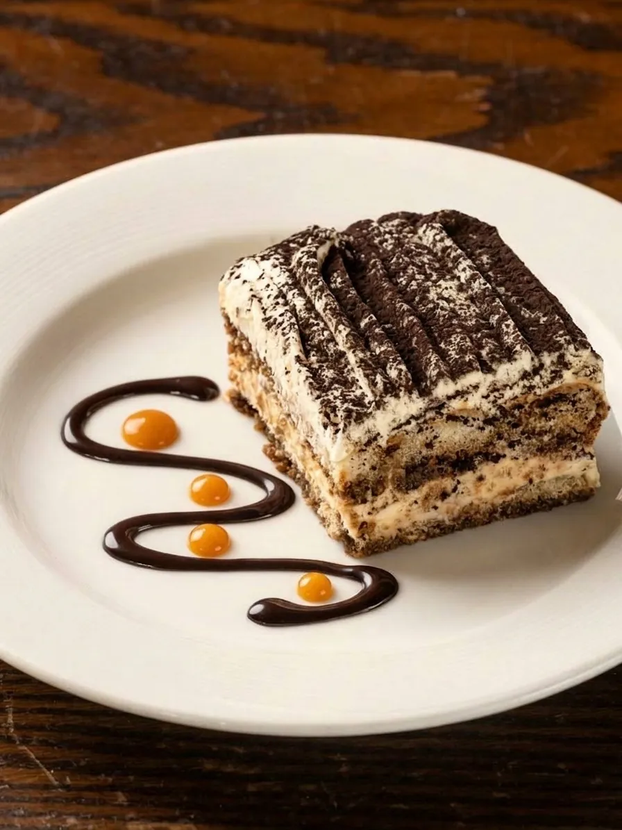 A square of tiramisù dusted with cocoa, a chocolate swirl and caramel dots on the plate