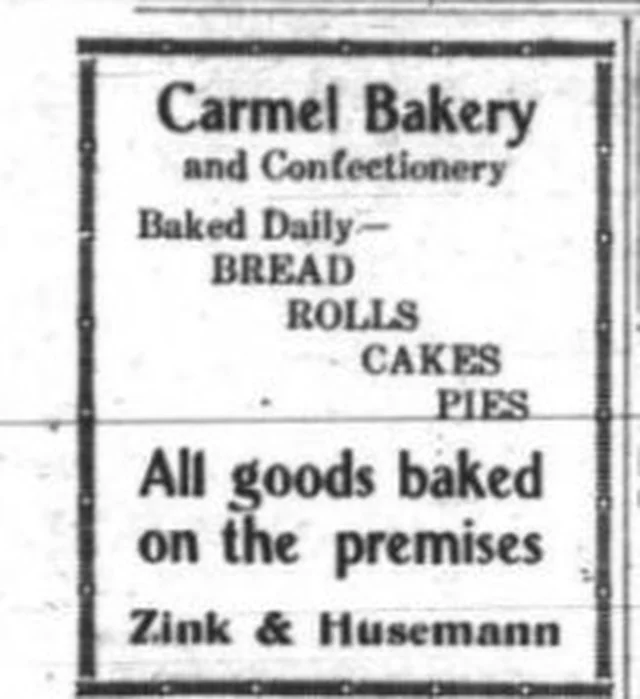 Carmel Bakery ad in The Carmel Pine Cone, 1920: Carmel Bakery and Confectionery: baked daily, bread, rolls, cakes, pies