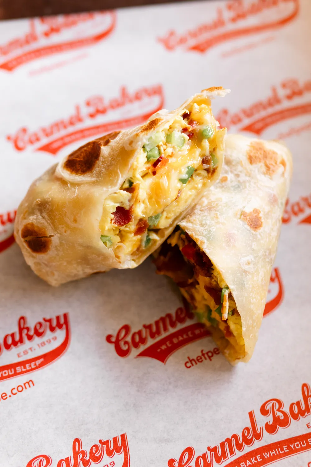 A Carmel Bakery breakfast burrito cut open