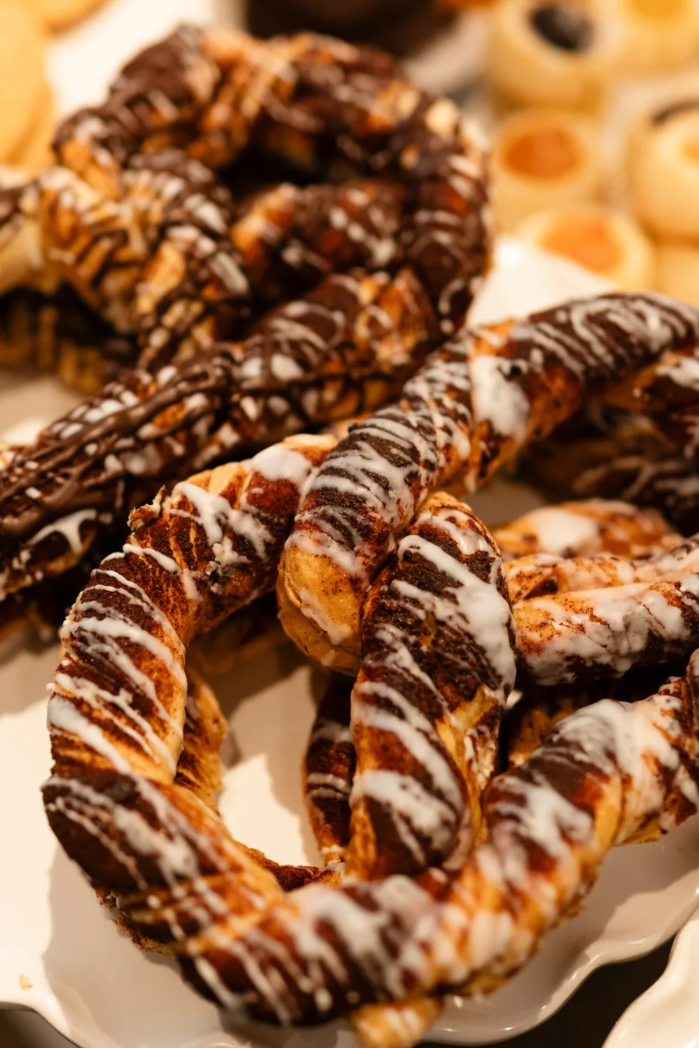 Chocolate-drizzled pretzels in the case