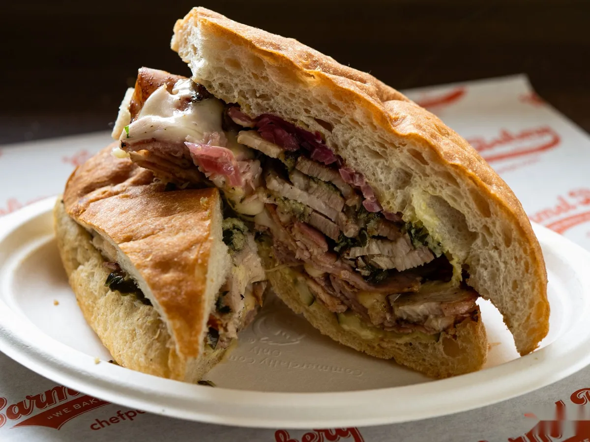 The Cubano on focaccia, cut in half