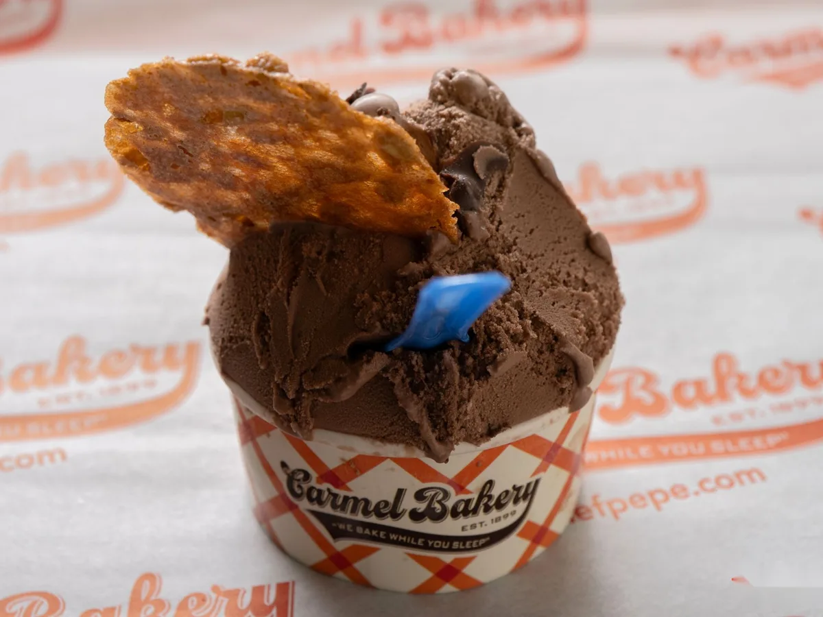 Chocolate gelato in a Carmel Bakery cup