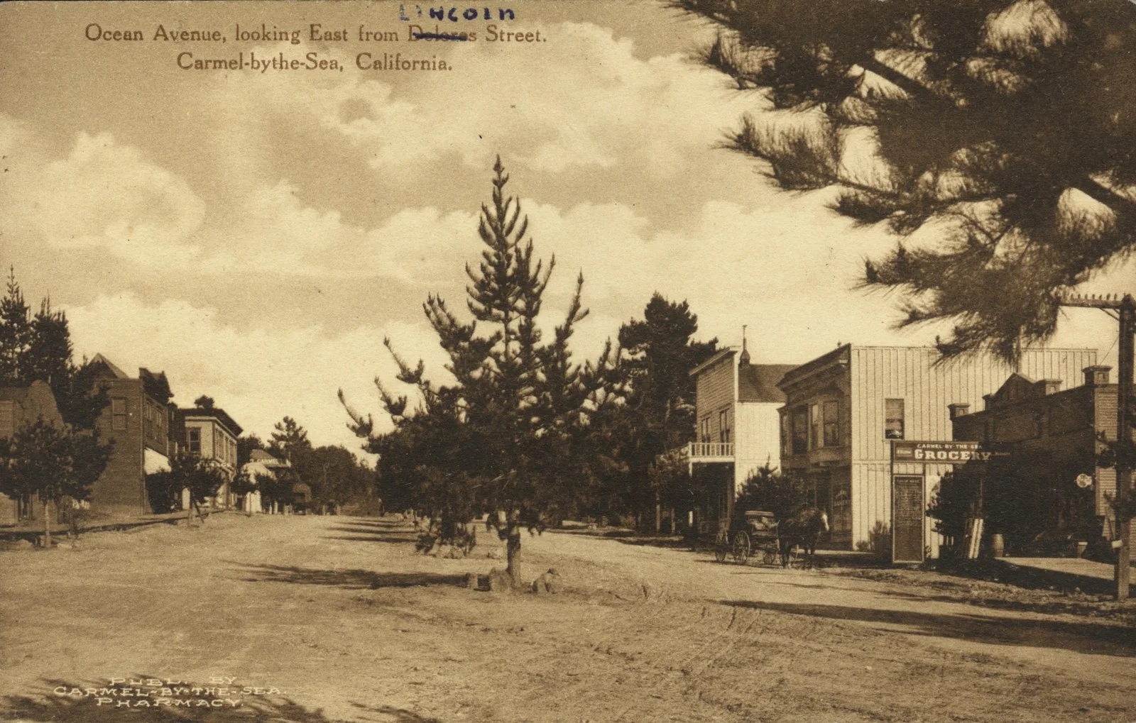 A 1921 postcard of Ocean Avenue in Carmel-by-the-Sea