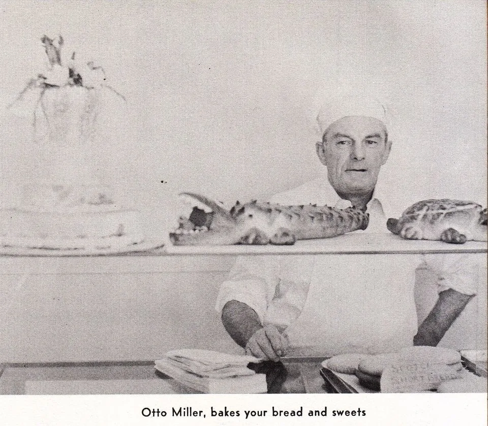 A 1958 newspaper photo of the baker with an alligator-shaped bread