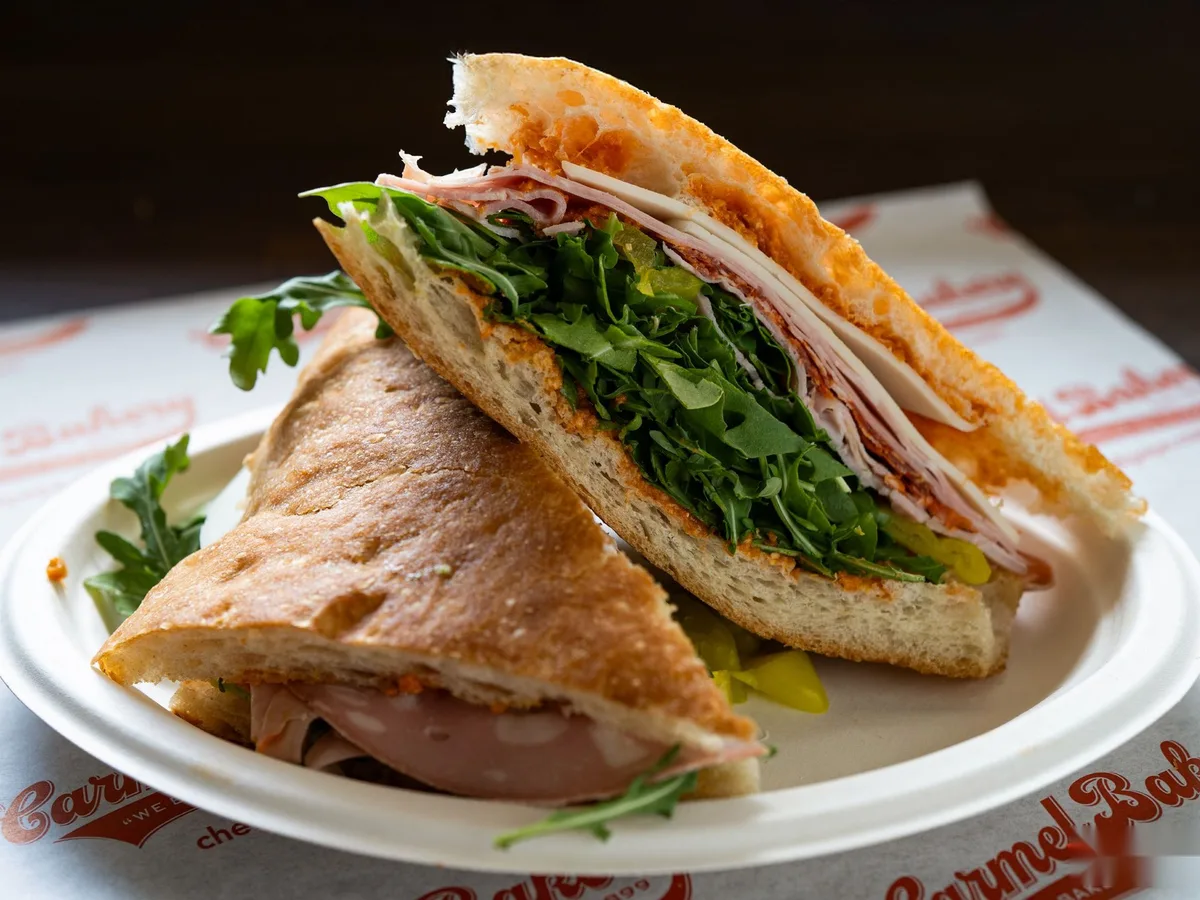 The Italian hero on focaccia, cut in half