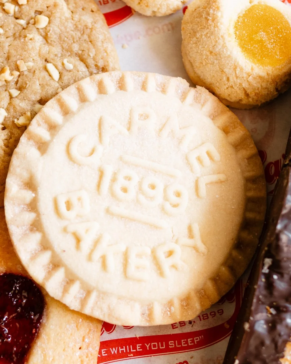 The Established 1899 shortbread cookie, stamped Carmel Bakery 1899