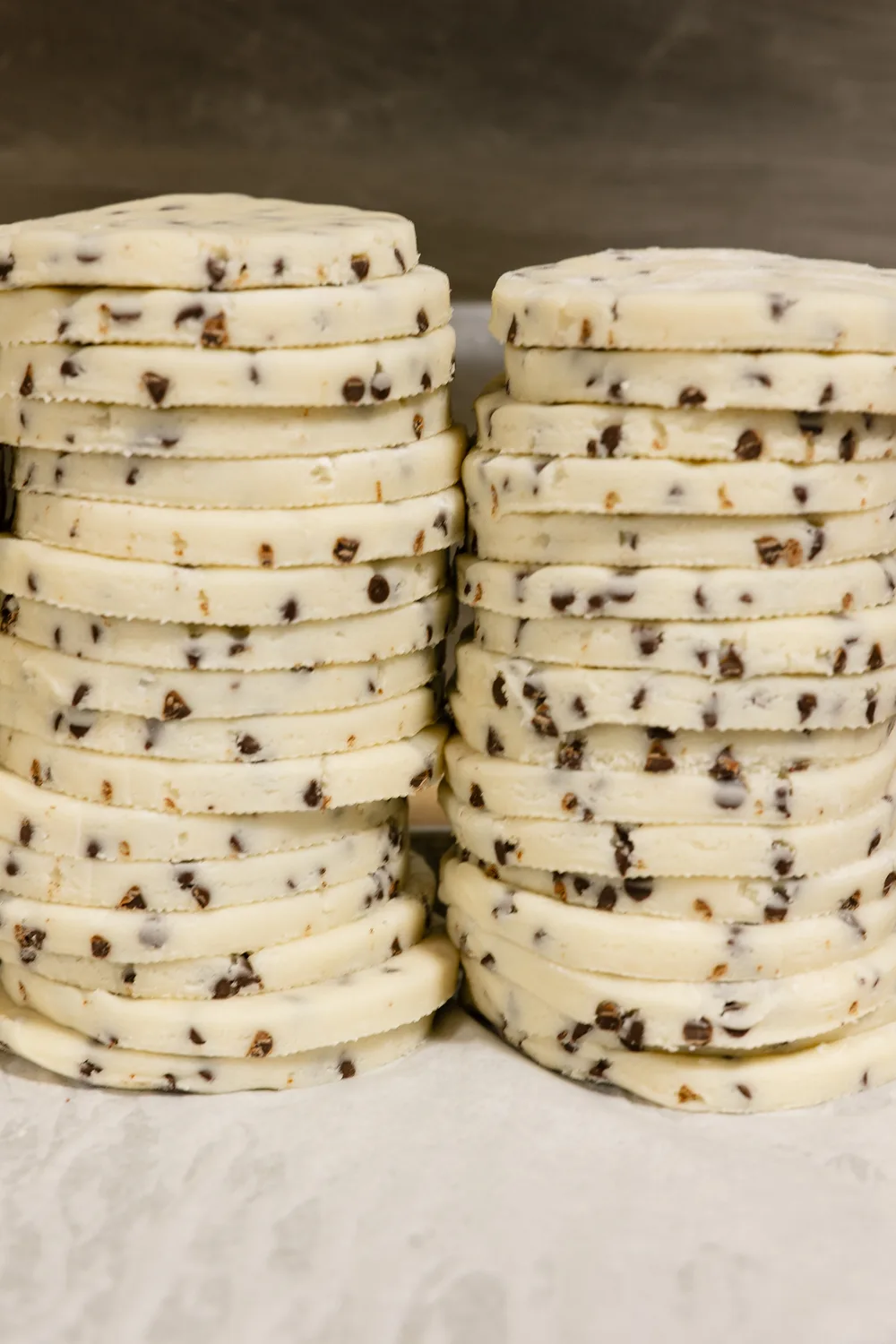 Stacks of chocolate shortbread cookies