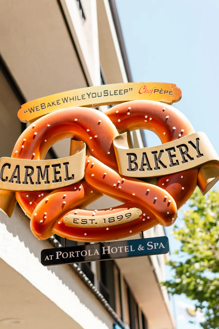 The Carmel Bakery pretzel sign, Est. 1899, at Portola Hotel & Spa
