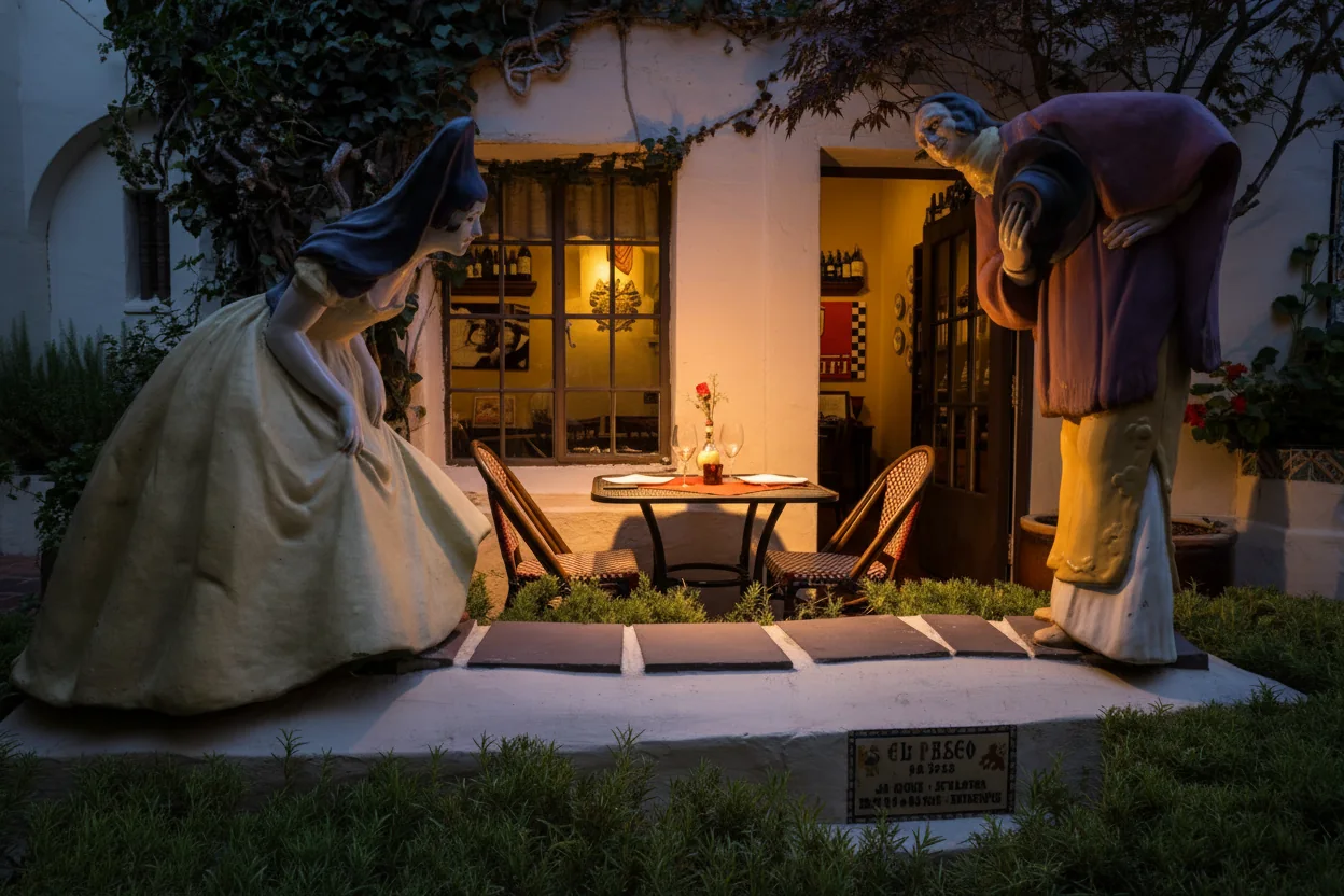 The Little Napoli courtyard at dusk: Jo Mora’s sculpture The Greeting on either side of a table for two.