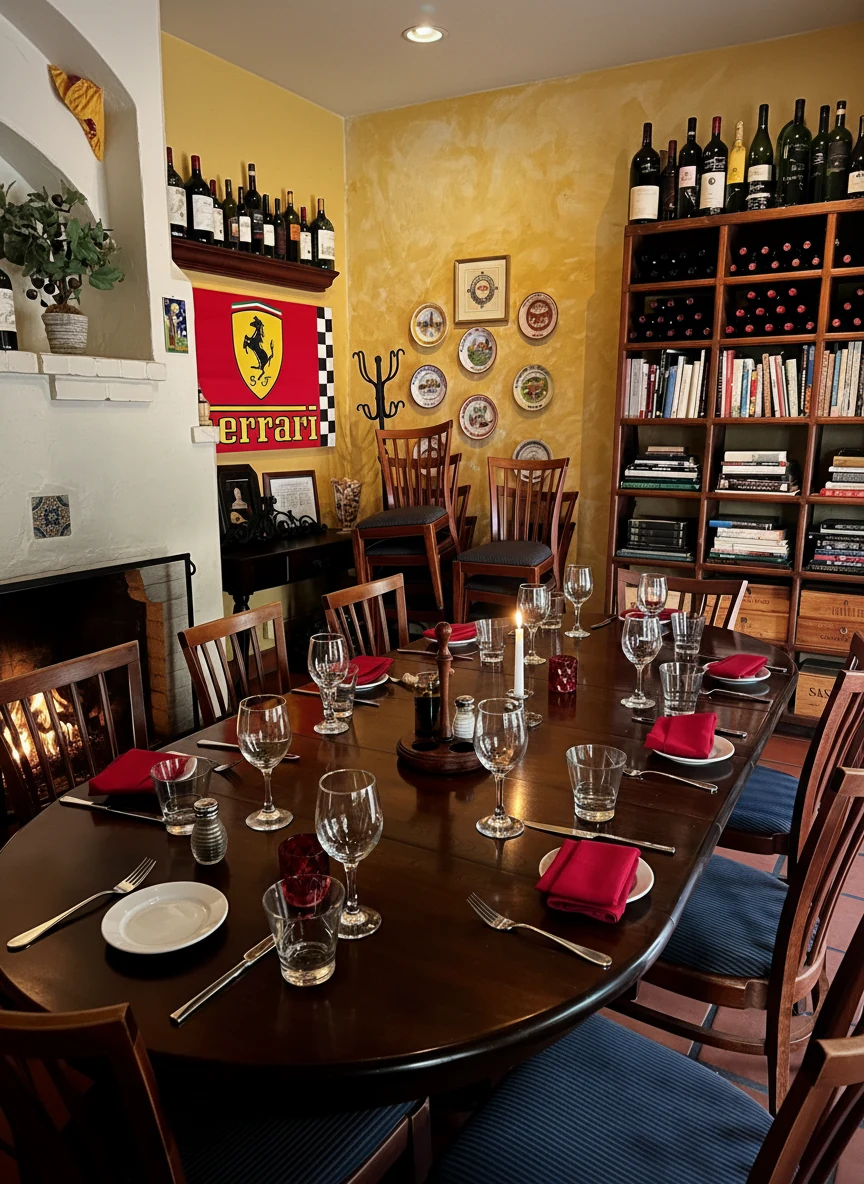The Library, the private dining room at Little Napoli in Carmel-by-the-Sea: a long table set for a party, a fire in the fireplace, and shelves of books and wine