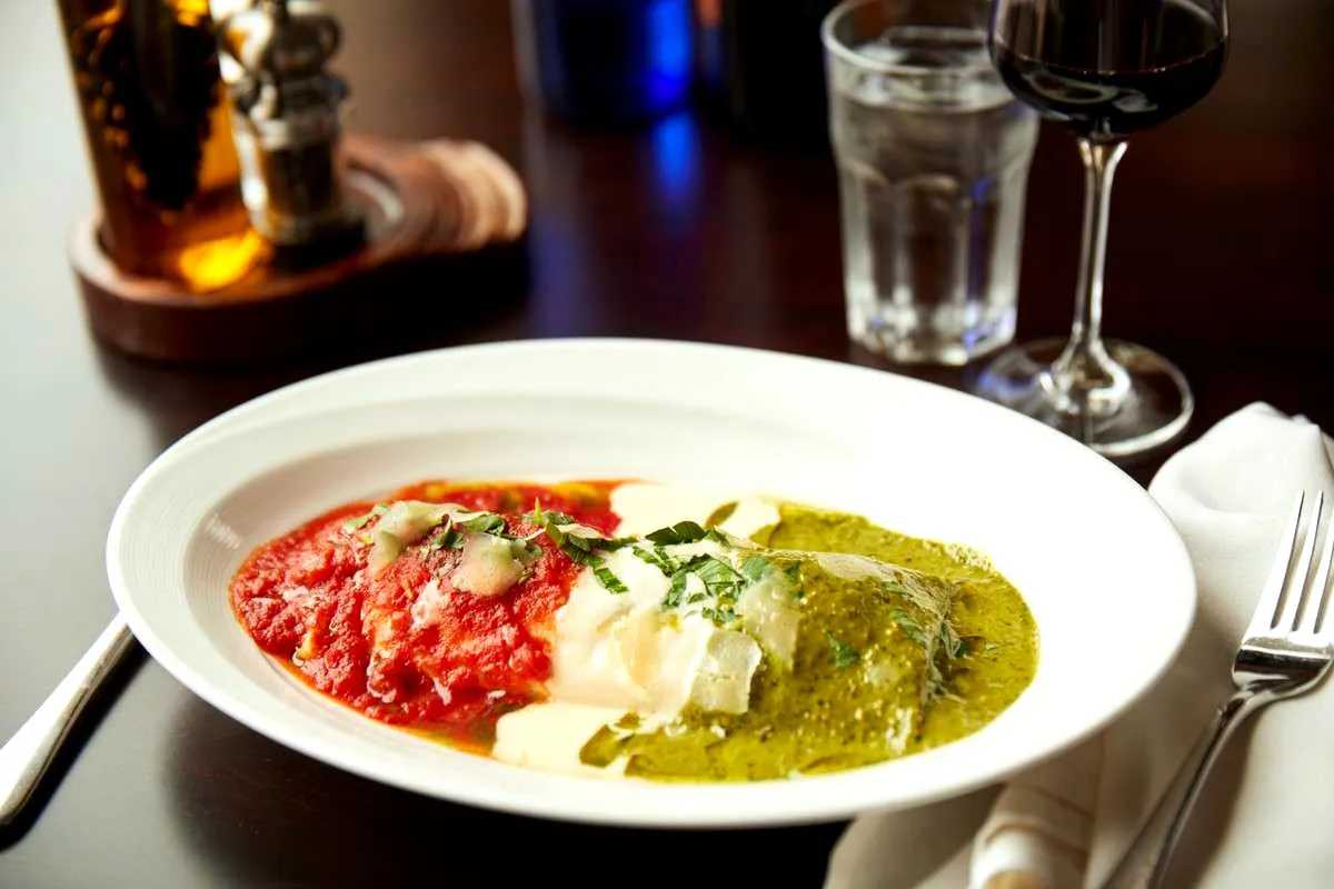 Cannelloni Tricolore at Little Napoli under three sauces: red marinara, white alfredo and green basil pesto