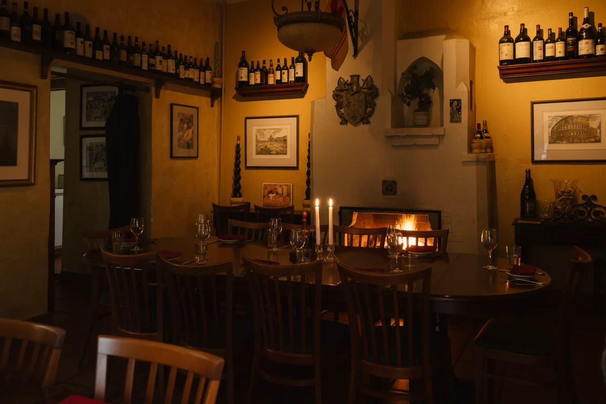 The Library, a private dining room, with the fire lit and candles on the table