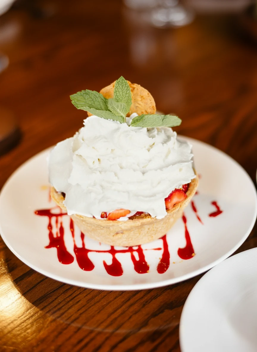 Strawberry creme pie, a crisp shell piled with whipped cream and mint, strawberry sauce on the plate